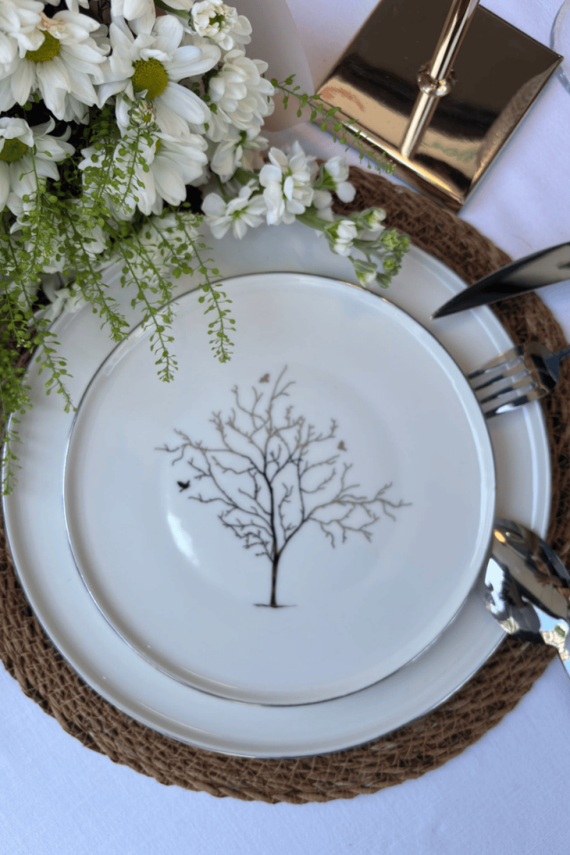 Hayat Ağacı 24 Parça Porselen Platin Yemek Takımı