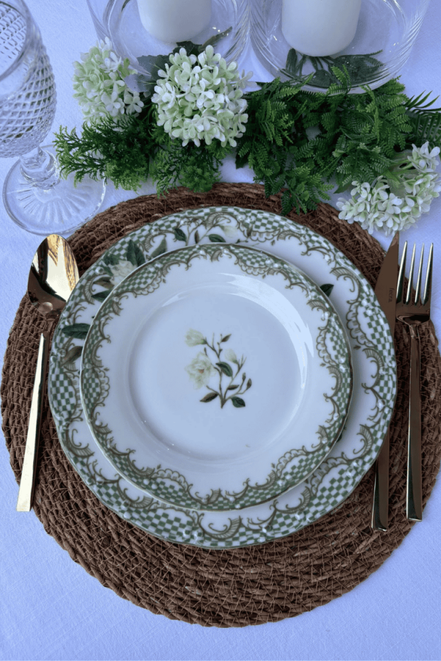 Liana 24 Parça Porselen Yemek Takımı-Yeşil Damalı ve Çiçek Desenli