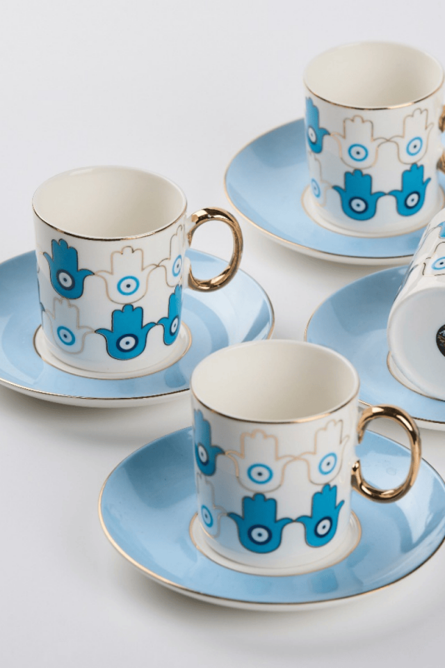 Mavi Fatma Ana Elli  Porselen 6 Kişilik Türk Kahve Fincan Takımı