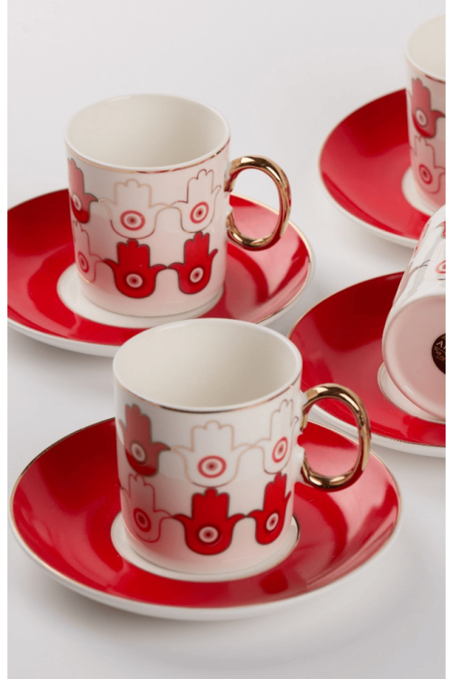 Kırmızı  Fatma Ana Elli  Porselen 6 Kişilik Türk Kahve Fincan Takımı