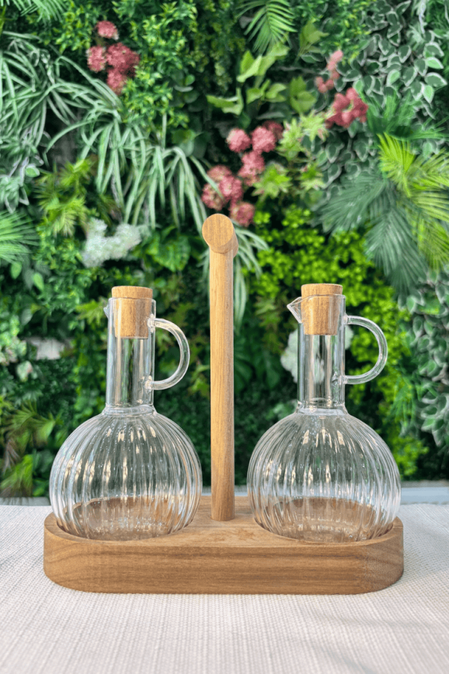 Arow Akasya 2'li Standlı Yağdanlık Set-Borosilikat  Çizgili Cam