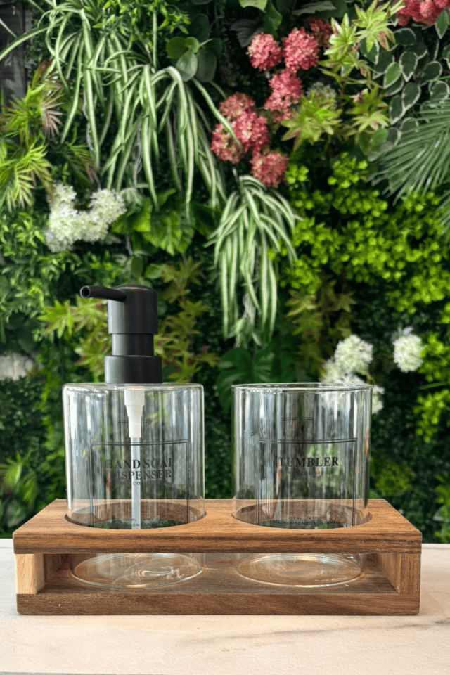 Mien Sara Cam Sıvı Sabunluk Seti  Akasya Standlı,3 Parça Set