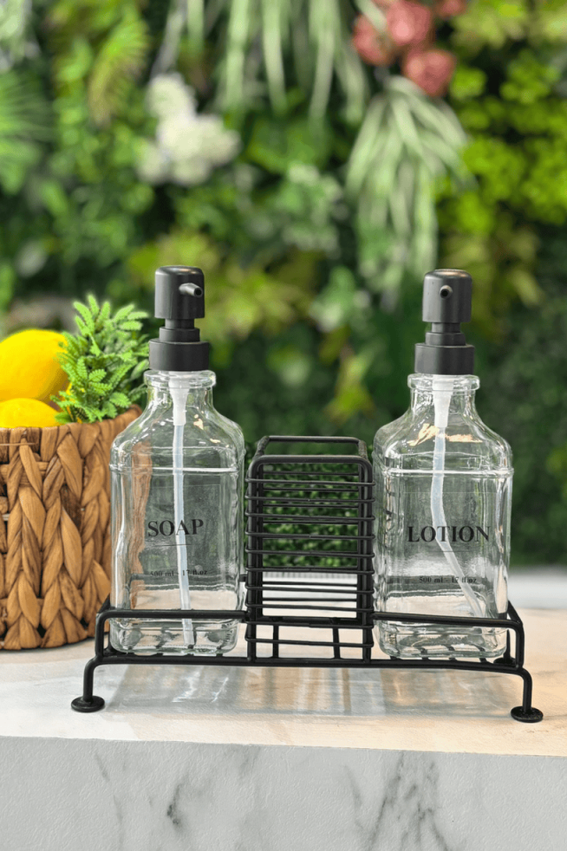 2 li Metal Standlı Cam Sıvı Sabunluk Seti Siyah Renk