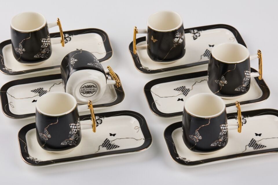 6 Kişilik Kelebekli Sunumlu Fincan Takımı Siyah