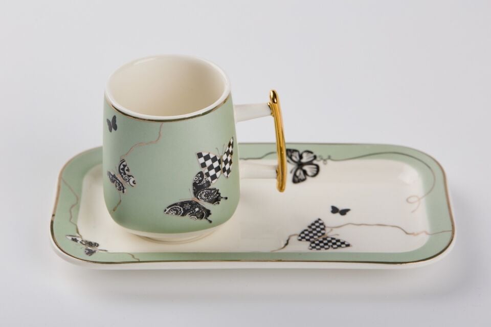 6 Kişilik Kelebekli Sunumlu Fincan Takımı Yeşil