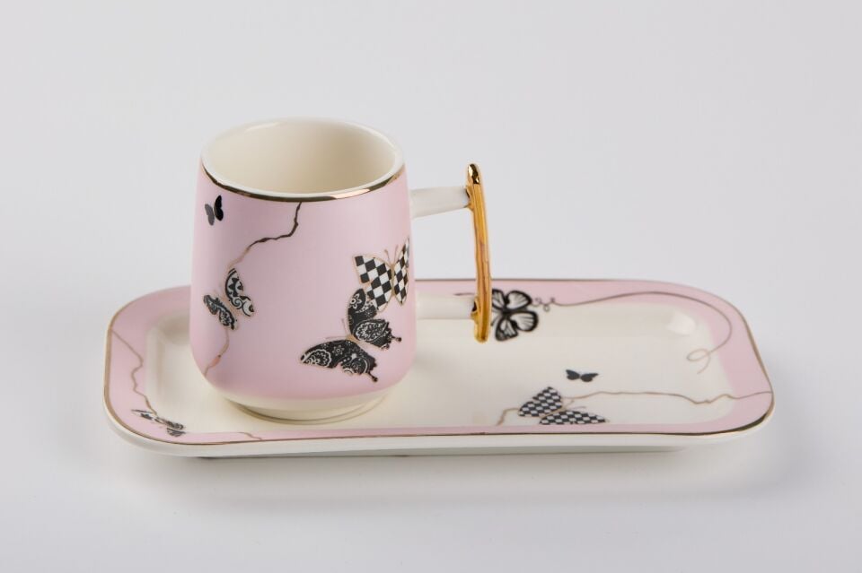 6 Kişilik Kelebekli Sunumlu Fincan Takımı Pembe